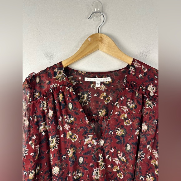 Veronica Beard Floral Bordeaux Dakota Ruched Silk Mini Dress Burgundy Size 8 - Picture 3 of 11